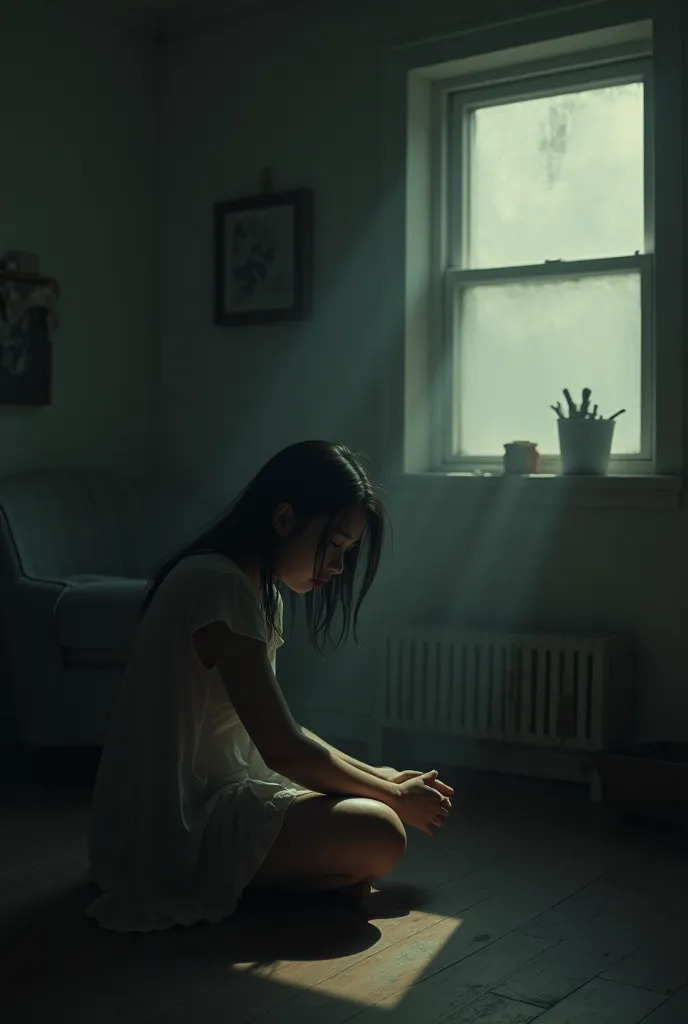 A woman sitting alone in a room looking depressed 