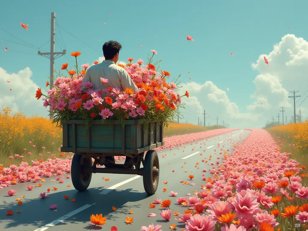 A man was driving a cart full of flowers and the flowers were strewn across the street, highway full of flowers. The resulting image should be of the left side of the man and his cart