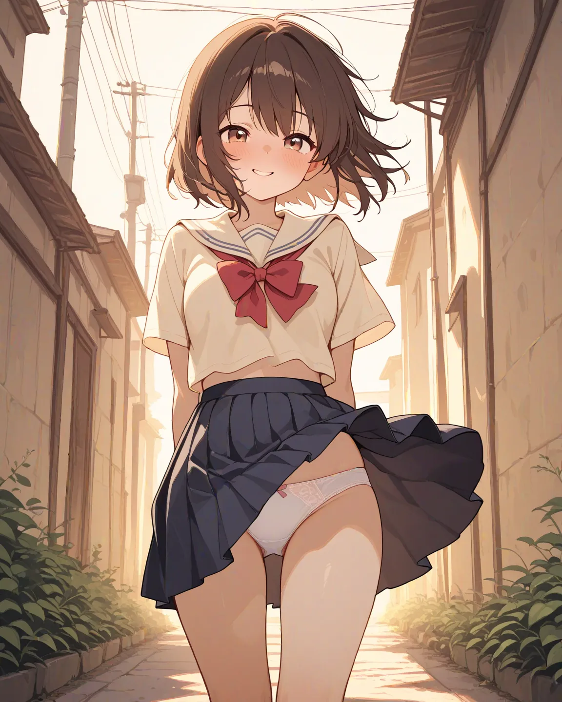 A female high school student who is shy because her skirt flips up in the wind and she sees her underwear,anime style, Smile