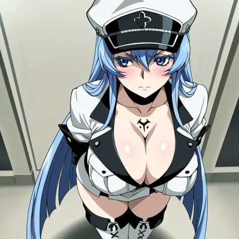 esdeath, blue eyes, blue hair, long hair, eyelashes, arms behind back:1.4), breast, (huge breast:1.15) (blush), 8k masterpiece, (1girl, solo) boots, choker, cleavage, collarbone, hat, military, military uniform, peaked cap, thigh boots, thighhighs, uniform...