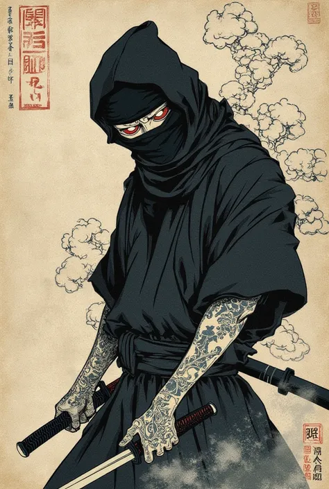 A traditional Japanese ukiyo-e style illustration of a ninja, inspired by Edo-period woodblock prints (moku-hanga). The artwork should have a strong hand-printed woodblock texture, with slight misalignments and ink bleeding to enhance authenticity.

Color ...