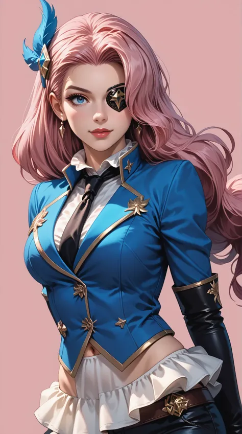 LesleyMLBB, 1girl, solo, Long pink hair, hair over one eye, eye patch, blue hairpin, blue jacket, white shirt, black tie, black gloves, dark blue pants, high black boots,((full body)) ,large breasts,slim body,cleavage, navel, soft light, high detailed,anim...