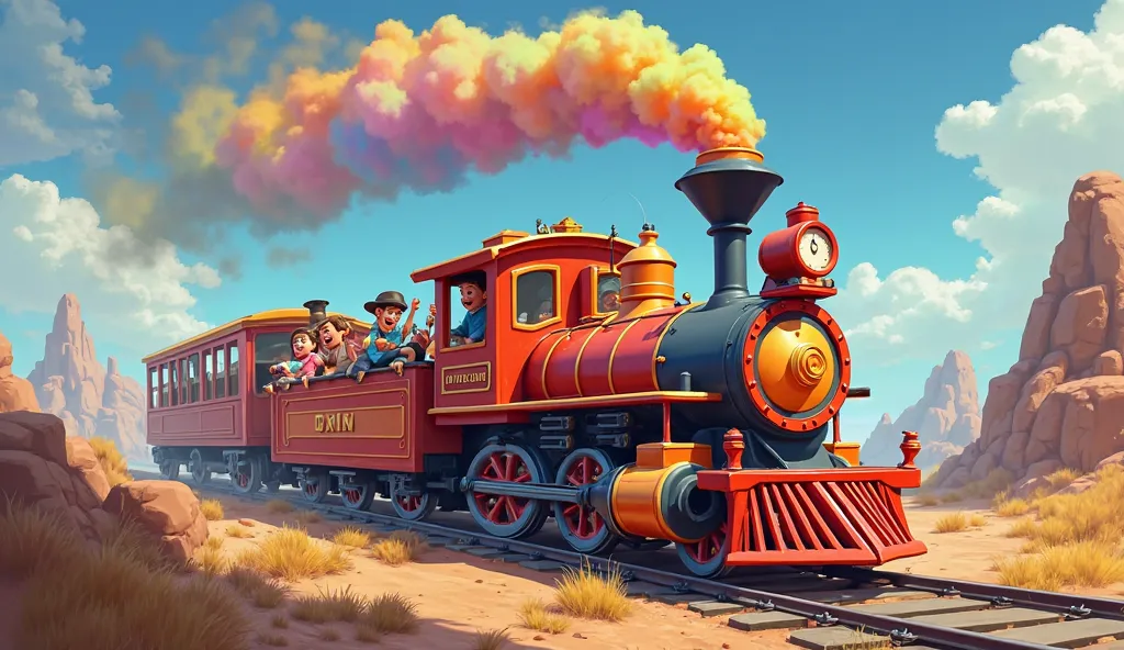 Show a bright, colorful train with rainbow-colored steam puffing from its chimney, with excited ren boarding. The train is labeled "Rainbow Train." #Transportation
#Cartoon
#Game
#model westernrealism
#SeaArt Infinity