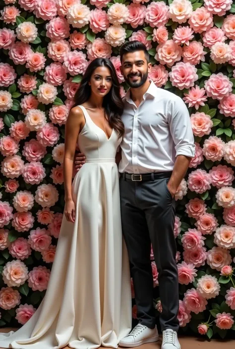 there is a man and woman standing together in front of a flower display, an album cover by Juan O'Gorman, instagram, hyperrealism, 🤬 🤮 💕 🎀, solid background, taken in the early 2020s, very details, look at that detail!, smooth in _ the background, flowers ...