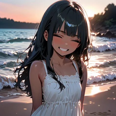 (beautiful femboy: 1.3), 1femboy, tall, masterpiece, Ultra-high resolution, rich contrast, super high quality, texture, (blurry background:1.2), ((white sundress:1.4)), (((long black hair))), blunt bangs, closed eyes, ((happy expression)), smiling, flat ch...