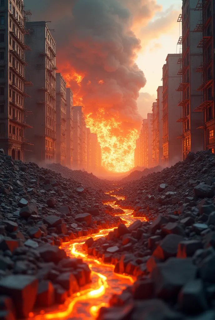 An 8K UHD image of a massive earthquake destroying a city, symbolizing the natural disasters of the end times. The scene is vibrant and intense, with detailed textures of the collapsing buildings and the glowing cracks in the ground. The background is soft...