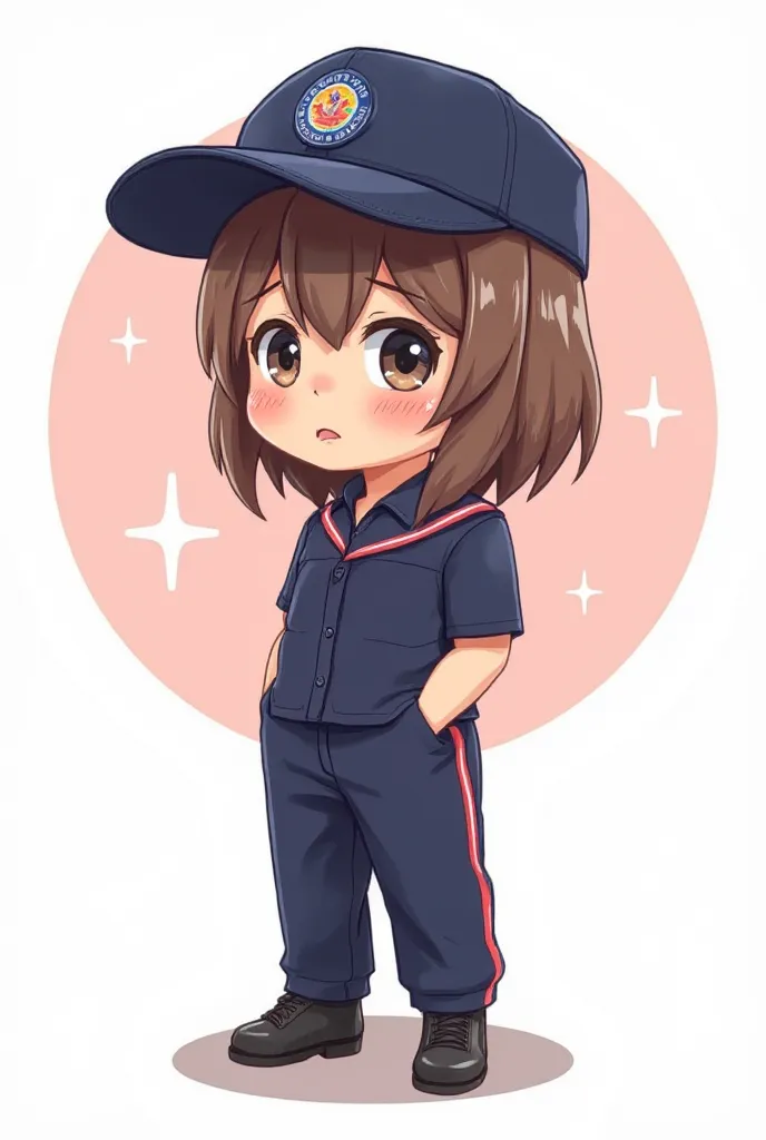 A cute cartoon style illustration of a brown-haired girl, wearing a dark blue short-sleeved uniform, dark blue slacks and a hat as highlights, black pumps. She has an exhausted expression, big round eyes, and a trembling mouth. She is showing signs of exha...