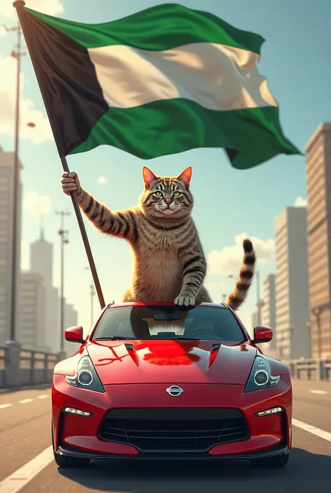 Cat with muscles, lifting the flag of Kuwait and riding nissan z