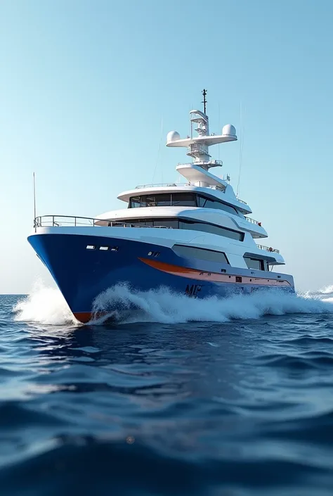 The MS “Christophorus” shows a blue and white ship, that looks like a modern high-speed catamaran. The transformer stands stably on a futuristic seabed, With waves , which accentuates its fighting strength and vulnerability in storms.The ship has orange ac...