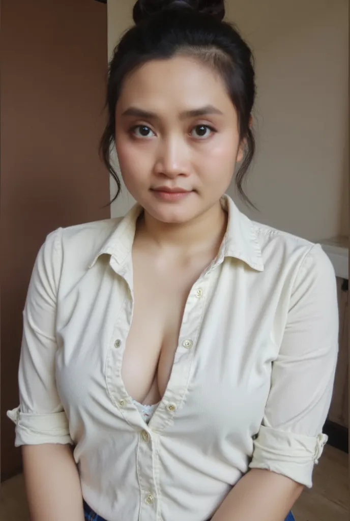 A highly realistic portrait of a 26-year-old Indonesian woman, She has a square-shaped face, smooth light tan skin, well-applied makeup that enhances her natural beauty, a slightly upturned nose, and thin lips, sexy and seductive clothes, medium firm breas...