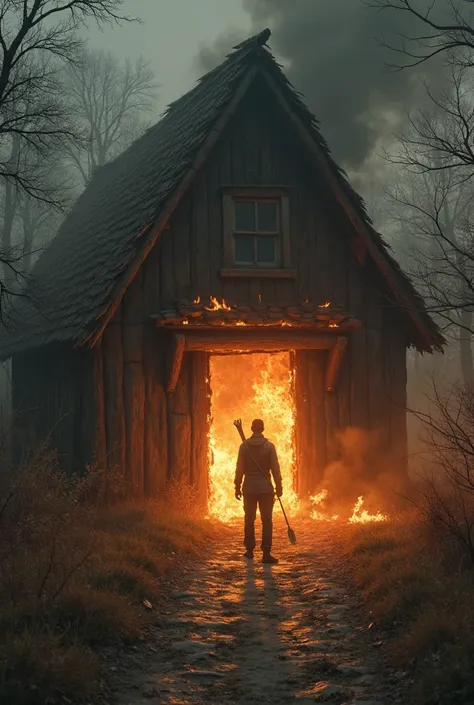 he enters the hut. There is a shadow-shaped being in the hut. he attacks, the shadow takes no damage. he sprays flames with the perfume in his hand, the shadow takes damage. the house burns and explodes. he escapes