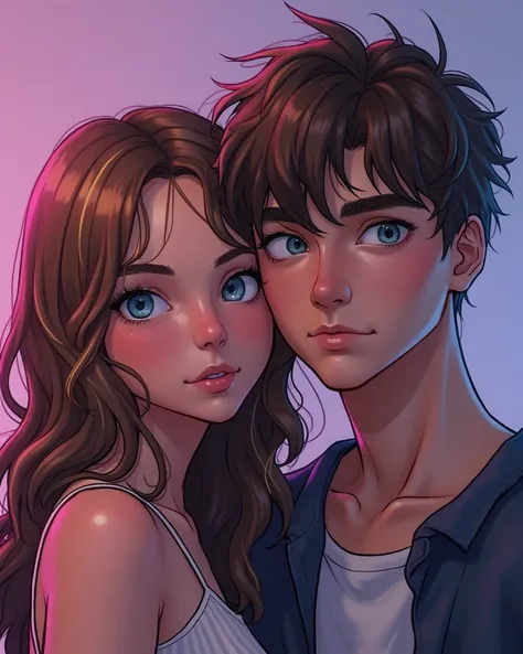 create an image in which a couple appears, I want the girl to have brown hair with two blonde highlights and blue eyes, I want the boy to look athletic with wavy brown hair and half-gray blue eyes, I want the background to have violet and purple tones