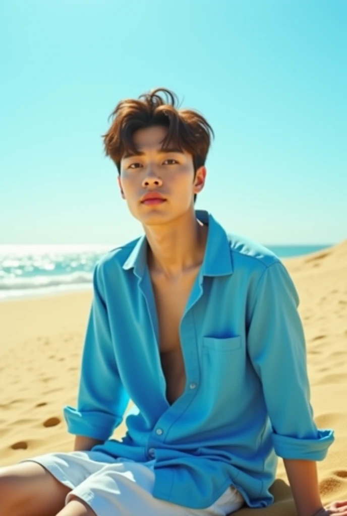 A picture of Jimin with blue shirt sitting on the sand