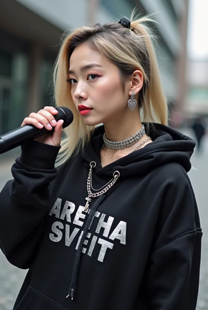 generate an image of a stylized portrait of a woman, possibly a young and beautiful K-pop artist, wearing a black hoodie with [ARETHA SVEIT] printed on it in a silvery, stylized font. She has [Blonde] hair, and is wearing several silver necklaces and earri...