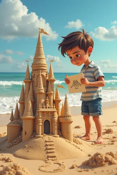 A boy creating stunning sandcastle in the beach. Another boy who looks like medical device auditor looks at the sand castle and disapproved. The auditor holds a drawing of a ugly sand castle and thinks it should look like his picture. 