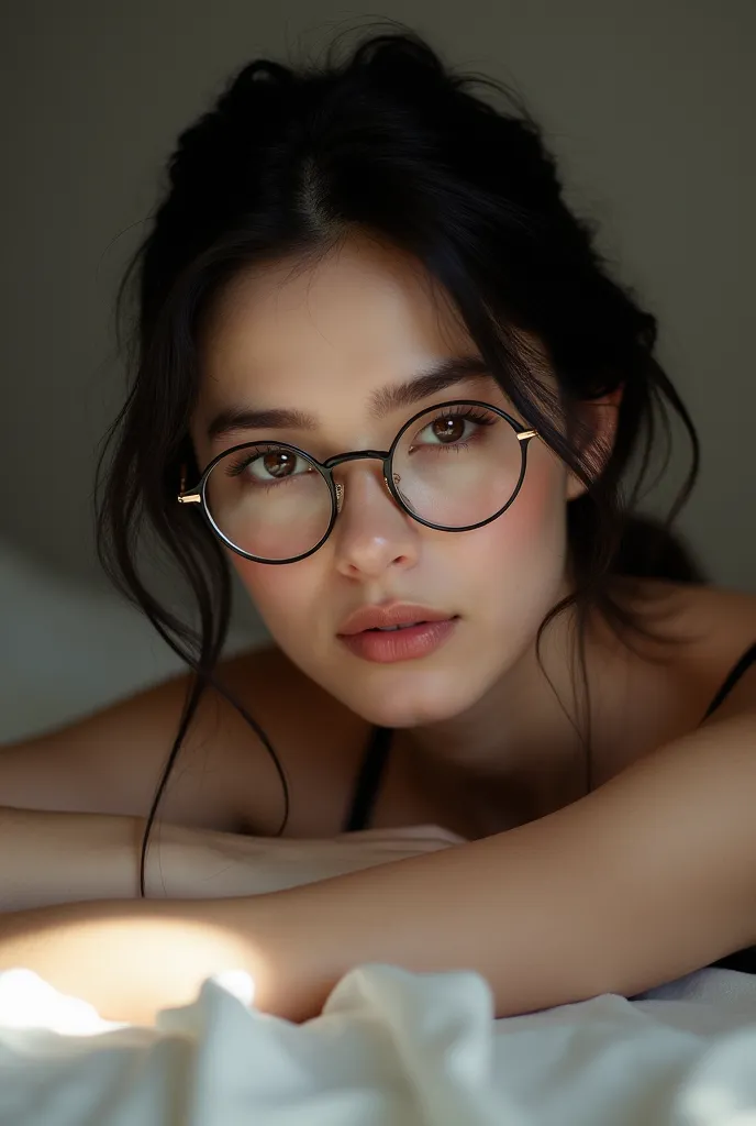 Black hair woman,round forehead,sharp chin,neat hair, laying in bed selfie, holding the camera,no cheeks line, thin rectangle glasses 