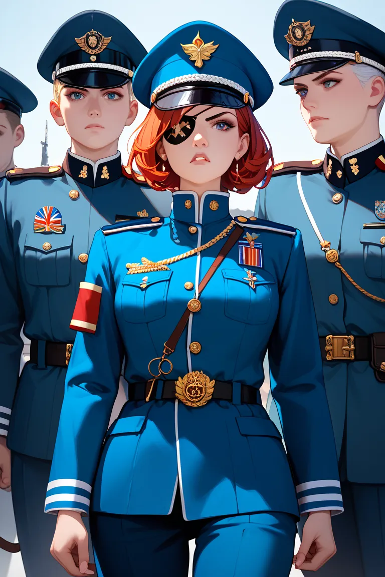 A highly detailed and realistic illustration of a female army officer saluting with a determined expression. She wears an olive drab military uniform with a high collar, decorated with medals and insignia. A black eyepatch covers her left eye, giving her t...