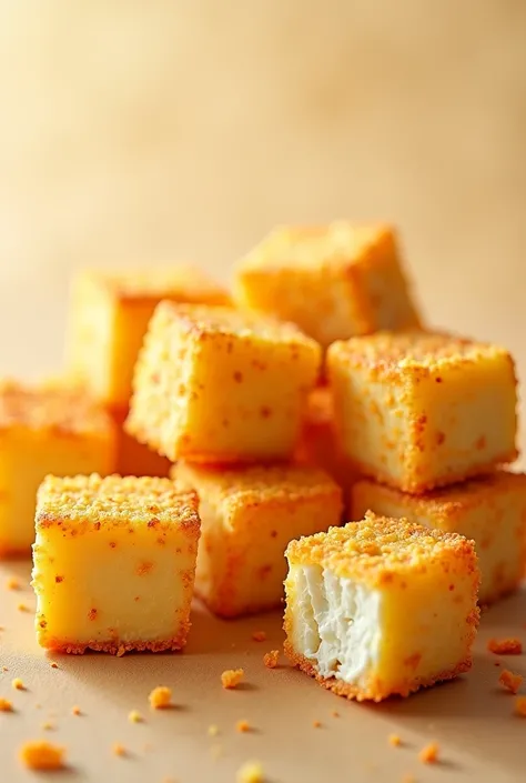 golden mini tofu squares coated with golden bread crumbs ( don't make it look like bread)