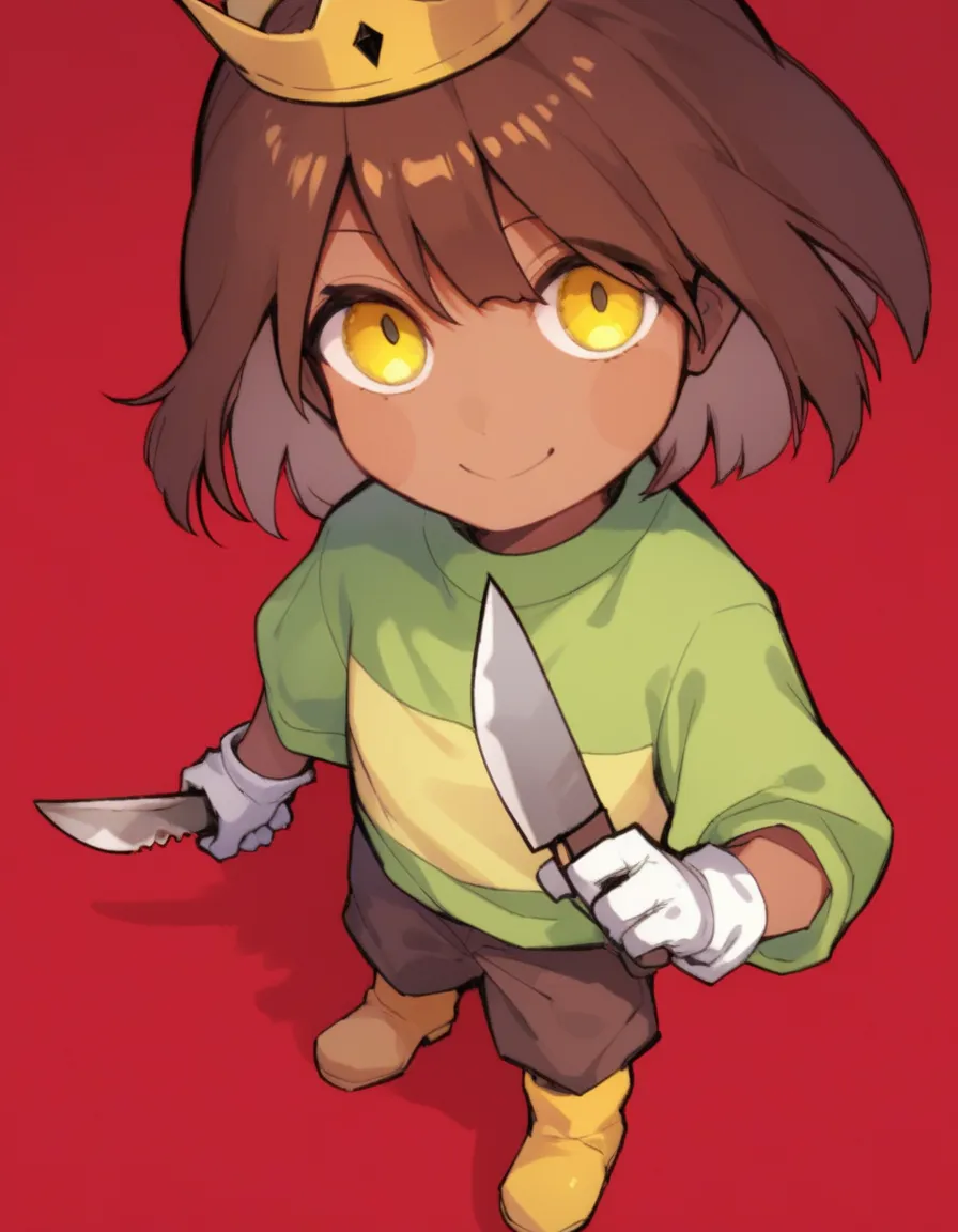 score_9, score_8_above, score_7_above, score_6_above, score_5_above, score_4_above,  chara_undertale,  Brown hair,  kitchen knife in hand,  smile,  dark skin , green and yellow striped shirt,  Yellow Eyes,simple brown boots, brown cheeks in skin color,crow...