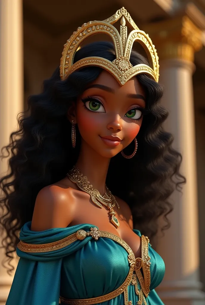 calliope from disney herules, black skin, highly detailed portrait, beautiful young woman, flowing curly hair, piercing green eyes, gentle smile, regal pose, mythological greek goddess, ornate golden headdress, shimmering blue silk dress, gilded details, c...