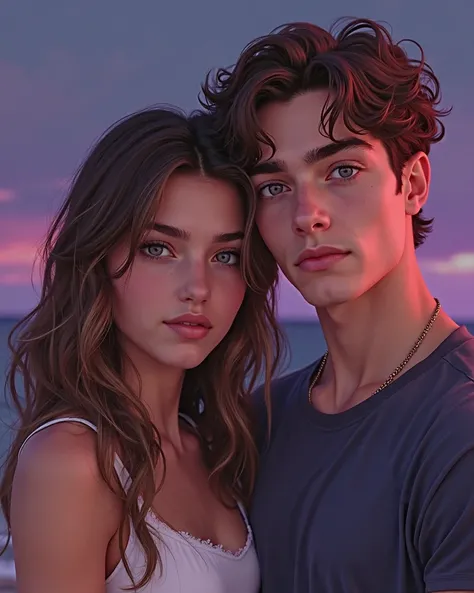 create an image in which a couple appears, I want the girl to have brown hair with two Californian blonde highlights and blue-green eyes, I want the boy to look athletic with wavy brown hair and half-gray blue eyes, I want the background to have violet and...