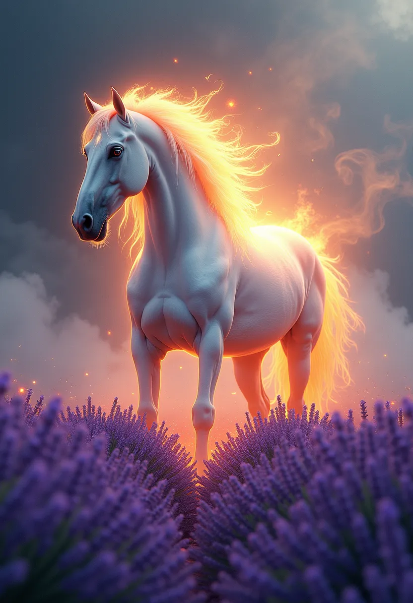 A white horse is burning in the field of lavenders. Create this poster for a song and title word "Obsession" written on the poster.