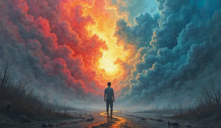 Visualize a scene with a person struggling with various emotions illustrated as colorful storm clouds around them, showcasing emotional turbulence and mood swings