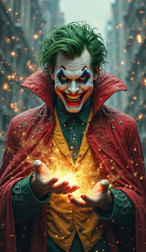 A unique fusion character combining the chaotic, unpredictable nature of the Joker and the mystical powers of Doctor Strange. This new character has the Joker's signature green hair, pale skin, and wild grin, but wears a tattered version of Doctor Strange'...