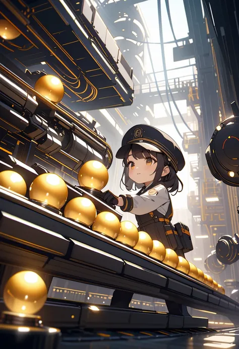 (best quality, masterpiece, ultra highres, ultra-detailed) ,A chibi-girl working in factory, carefully placing glowing golden orbs into metal cans as they move along a conveyor belt. She wears a white industrial uniform, including a cap and gloves, and has...