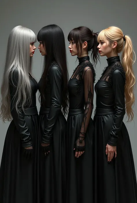 korean girl, 4 people, first silver long hair, with a bang, second black short hair, with a bang, third brown long hair, with a bang, ponytail, forth blonde long hair, no bang, side hair, black theme, dark, fantasy and villainous, kpop black aesthetic clot...