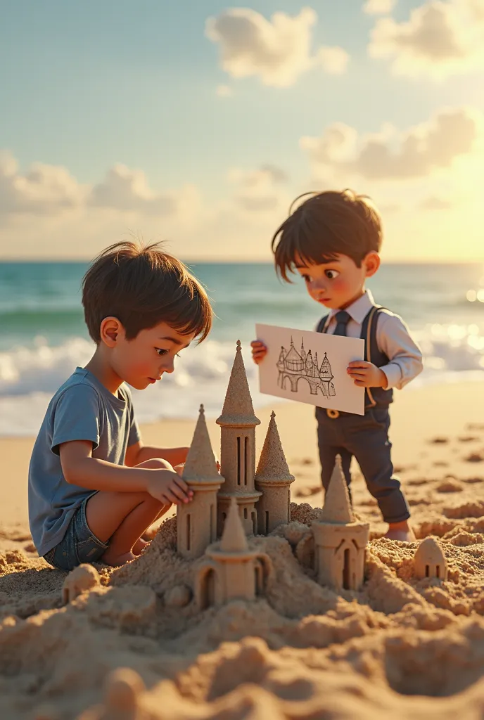 Two boys, A boy creating stunning sandcastle in the beach. Another boy who looks like medical device auditor looks at the sand castle and disapproved, disappointed face. The auditor holds a drawing of a ugly sand castle and thinks it should look like his p...