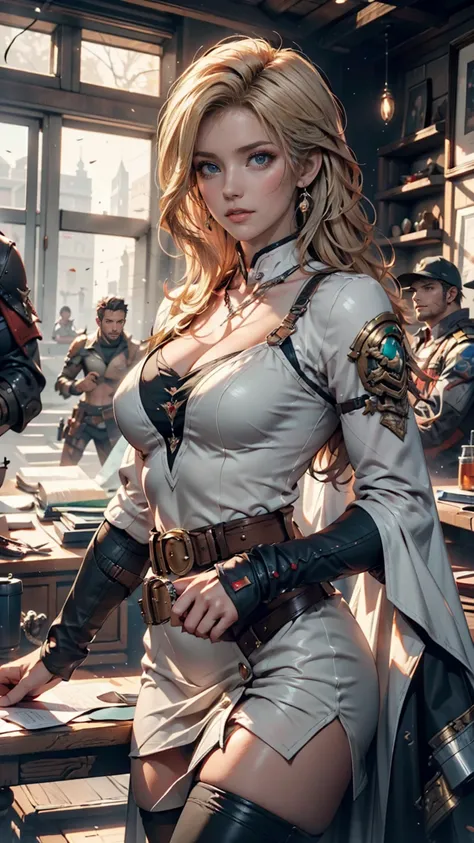 Highest quality, masterpiece, Eye Reflexes, Highest quality, masterpiece, mercy Eye Reflexes, alone,  sculpture, blond with a big face, OVERWATCH MERCIE-STYLE HAIRSTYLE, green eye, Two wrist, Tomb Raider Style Neckline Clothes , Practical belt, alone, comm...