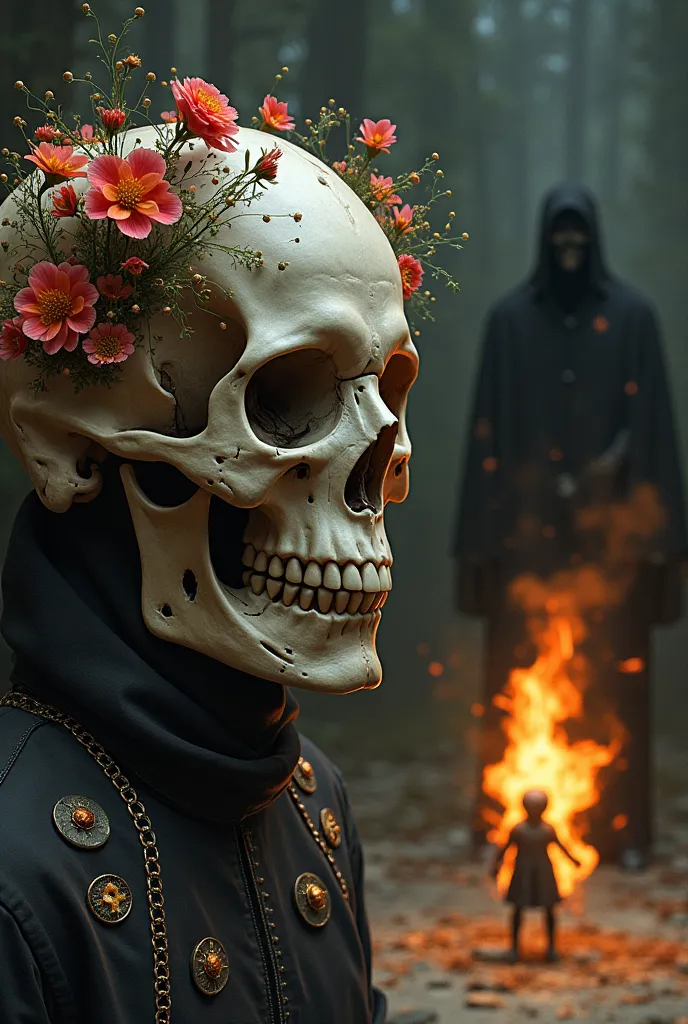 the skull with the flowers in, and in the background is a masked man looking on at another using a flamethrower