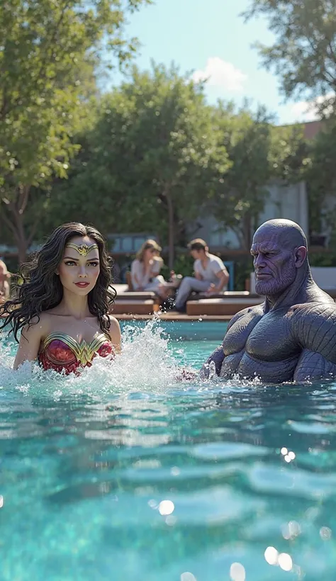 Wonder woman and marvel Supergirl both are at sweeming pool playing with water , joker and Thanos is sitting on chair relaxing, realistic 