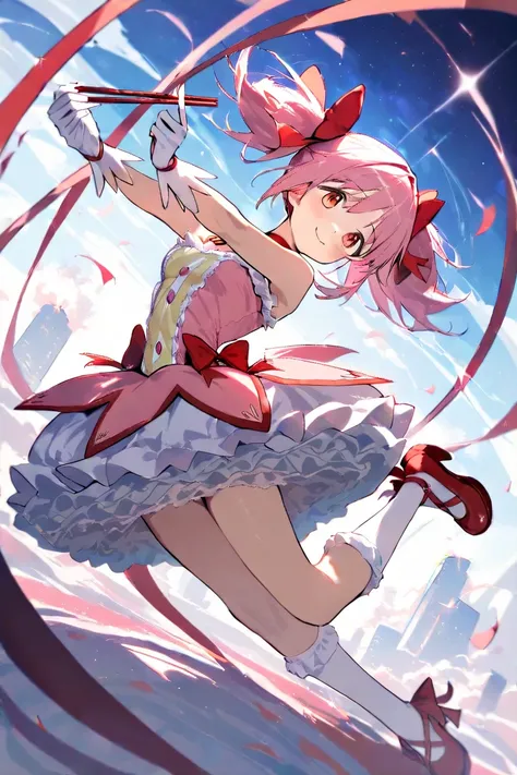 ( top quality,  masterpiece:1.2),  very detailed face holding chopsticks on it,  1 girl,    Kaname Madoka  ,  pink hair,   short twin tails  ,
Madoka Costume ,
Red Shoes,  gloves,   socks,  layered skirt ,   thigh-breaking ruffle skirt,Red ribbon on waist,...