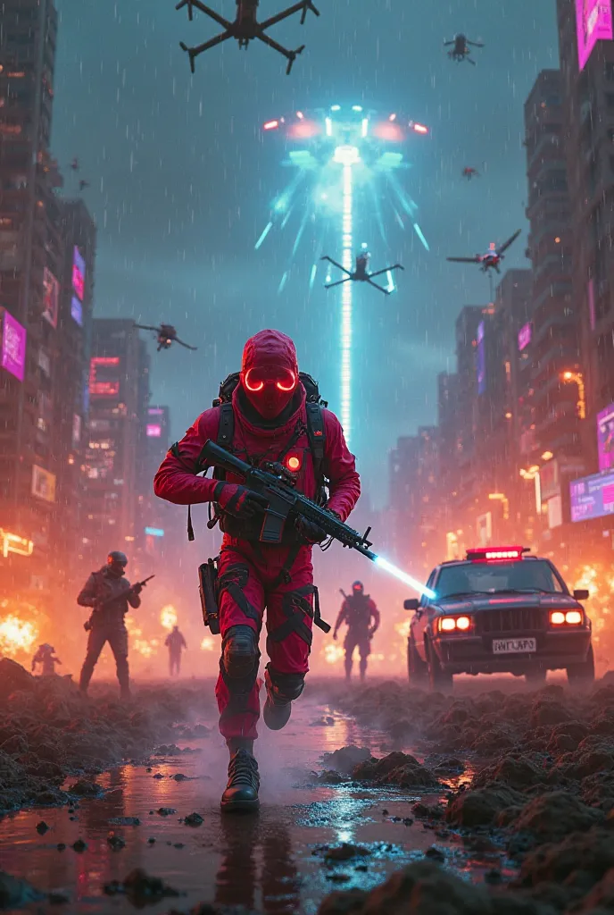 "A futuristic Free Fire battlefield filled with chaos. Elite warriors in cyberpunk armor, armed with advanced weapons, land from parachutes on a war-torn island. Explosions erupt in the distance as a fierce gunfight unfolds between two rival squads. A mask...