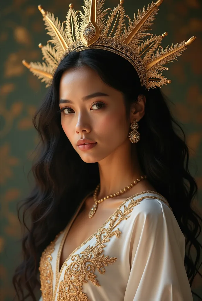 full body image of a lady with chinita eyes, dark thick eyebrows, flat but cute nose, full lips, fair skin, long curly black hair, hourglass body, that is wearing a modern-traditional filipiñana that looks magical and has a magical head dress. make this im...