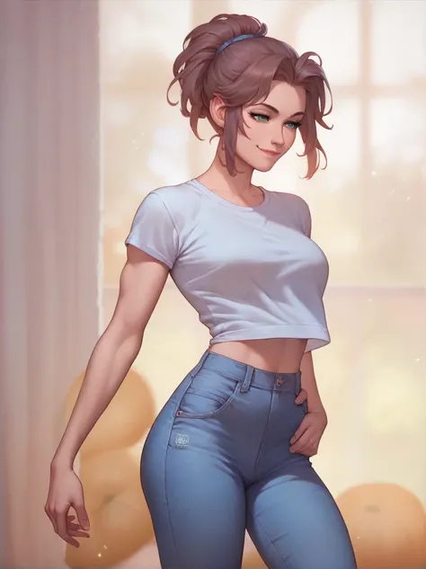 1 girl, anime, smalana, 1girl, smug, standing, t shirt and jeans, smoth legs, doing yoga, little biceps, 