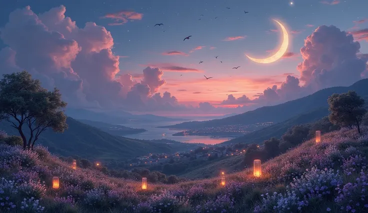 A captivating and enchanting scene where a crescent moon glows softly in the sky, casting a serene silver light over the tranquil landscape. The sky is painted in soft hues of pink, tangerine, and deep indigo, blending seamlessly as the last traces of dayl...