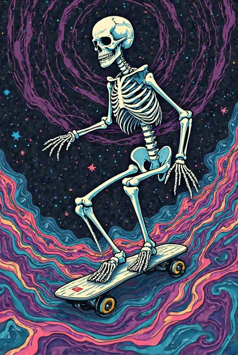 Create the VoidRider print captures the essence of skateboarding as a journey beyond limits, mixing surrealism and psychedelia with a sci-fi.  in the center, a stylized skeleton with sharp and fluid features sits atop a skateboard, as if it were slipping t...