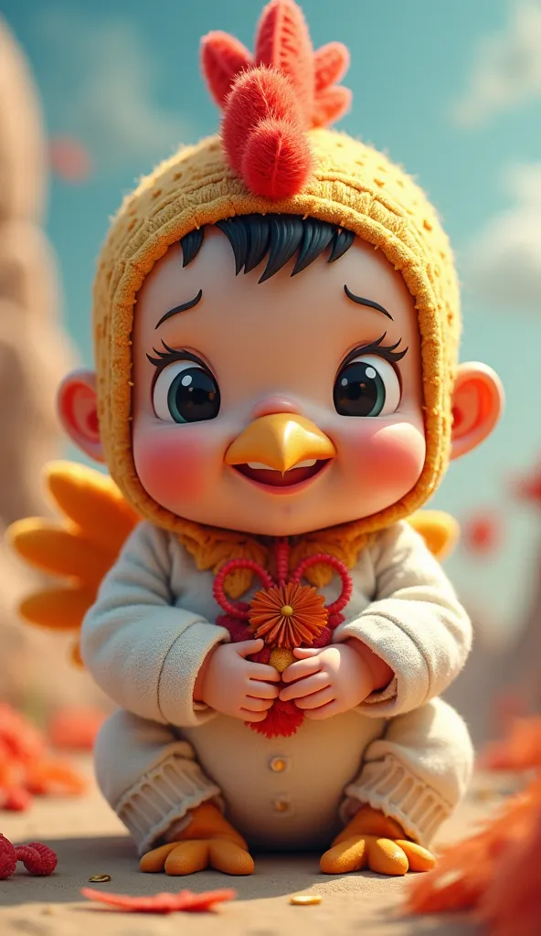 Create for me a  cartoon baby wearing rooster clothes in a surreal setting a baby has to stand up showing up all over the body and close to the camera very close