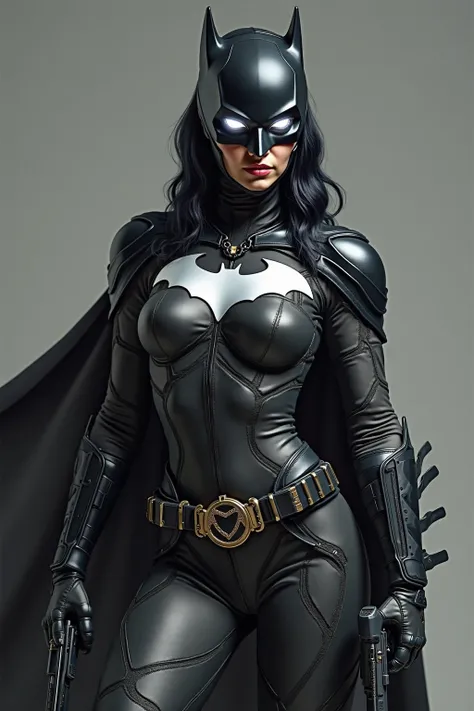 Une femme batman dans un style 2025 tactique et high tech avec le logo noir sur le plastron un appareil de camouflage sur la ceinture des griffes argenté sur les gants des yeux blanc luminescent et un holster pour son pistolet a grapin sur la cuisse droite...