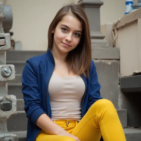 Woman sitting on a staircase. Does a blue blouse have on. A pair of yellow jeans, and sneakers.  Has yellow shoes on.    style photorealistic ,  sharp focus, very detailed, sunlight, Detail,  full body