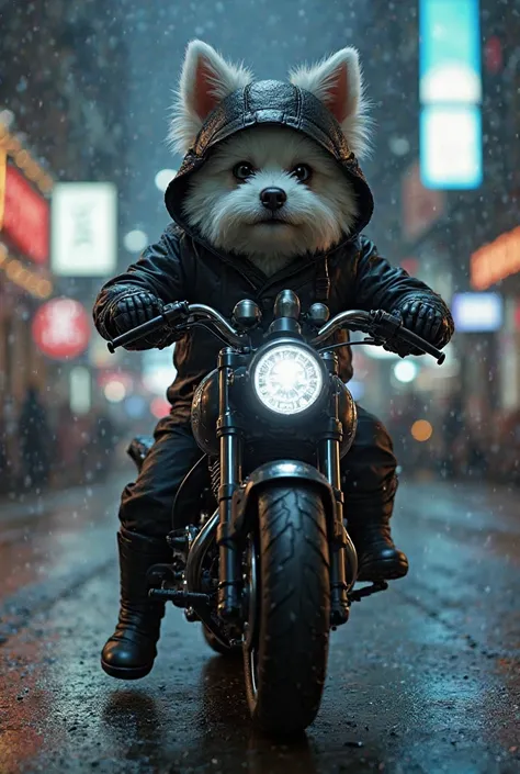 Cute and detailed little white dog riding a high-tech motorcycle, High-tech hat wearing black leather jacket and black one-piece leather armor, Long black leather gloves, Black boots, Cyberpunk town at night, (Cyberpunk theme), (masterpiece, best quality, ...