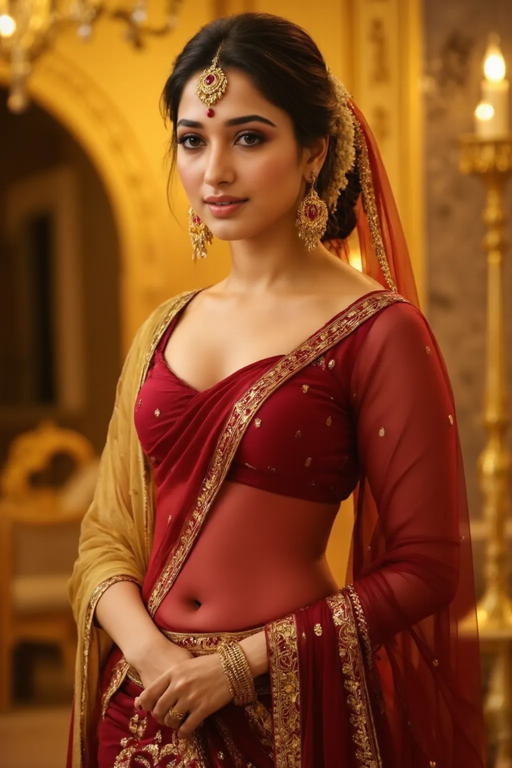 (masterpiece, best quality:1.2), She stands under a golden chandelier, her deep red lehenga embroidered with intricate gold motifs. Her sheer, golden veil barely covers her sculpted waist, leaving her deep, hourglass navel fully exposed. A multi-layered ma...