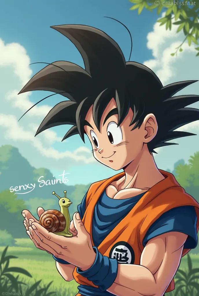 Son Goku stroking a snail is smiling and SENXY SAINTS is written in the background