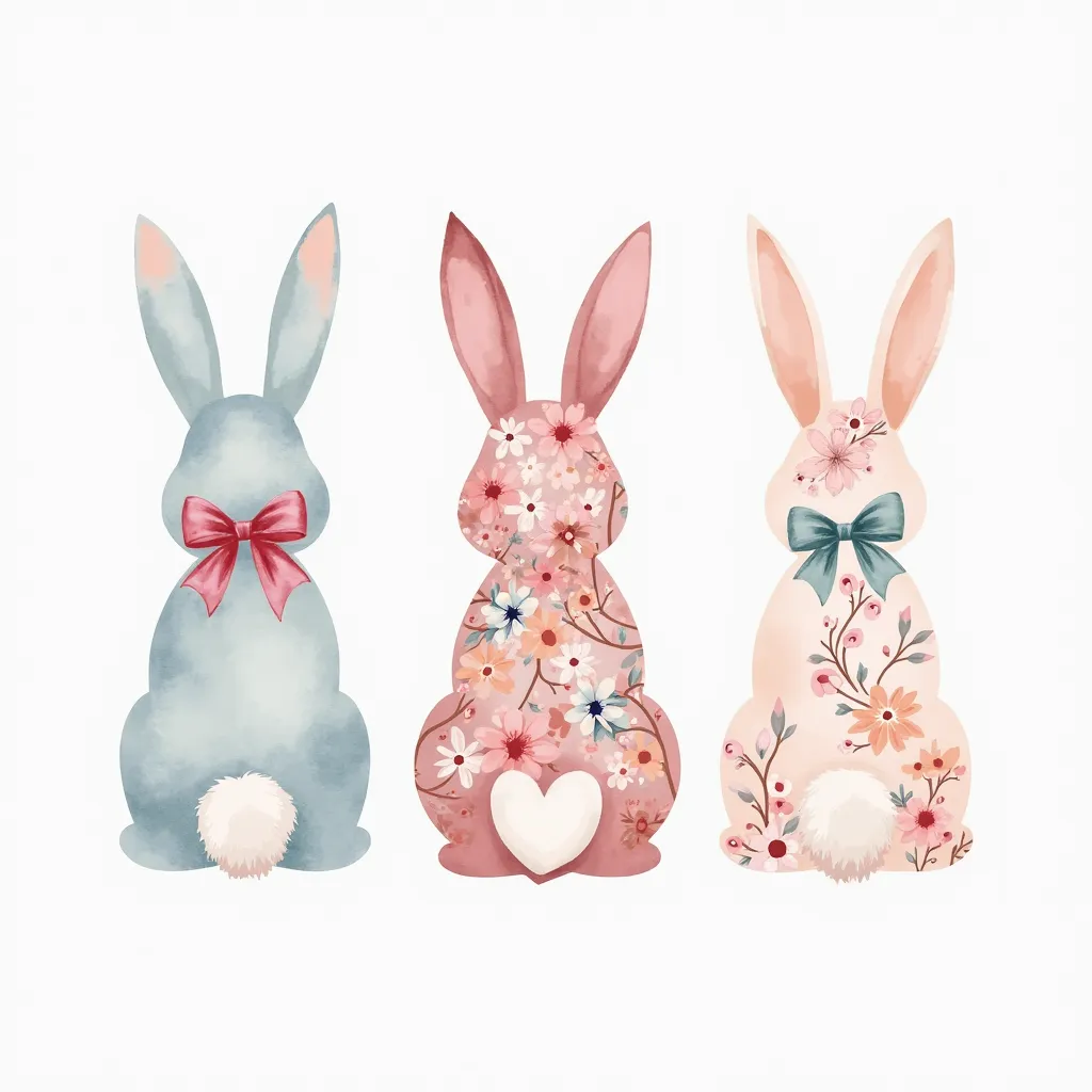 Create a watercolor-style illustration featuring three pastel-colored Easter bunny silhouettes, symmetrically arranged in a row, facing away from the viewer. Each bunny is decorated with delicate floral patterns in soft spring hues such as pink, blue, and ...