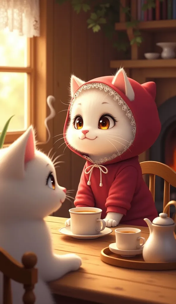 An anime-style fluffy white cat wearing a beautifully detailed red hood with lace trim, sitting inside a cozy wooden cottage. The cat has large, expressive golden eyes and a small pink nose, gazing attentively at a gentle-looking white mother cat. The moth...