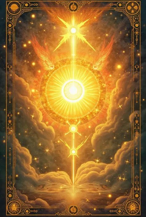 A vibrant and illuminated tarot card, with the Sun radiating at the center. The card should have warm colors like gold and yellow, and surrounding astrological symbols.  The background is mystical , with rays of light radiating from the card, conveying a s...