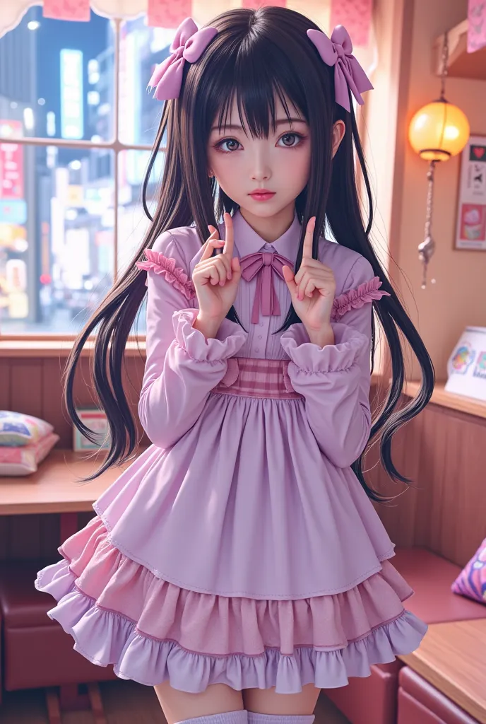 The image shows a young Japanese woman with delicate features,  fair skin and large and expressive eyes , dressed in a typical anime costume. She wears a round skirt with ruffles, a blouse with bows and puffy sleeves, in addition to long socks and stylish ...